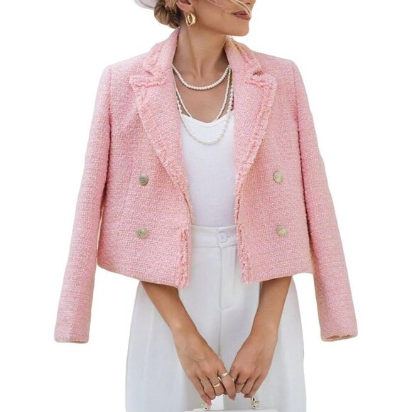 Jackets & Blazers - Women's Tweed Blazer Elegant Double-Breasted Open Front Jacket Pockets